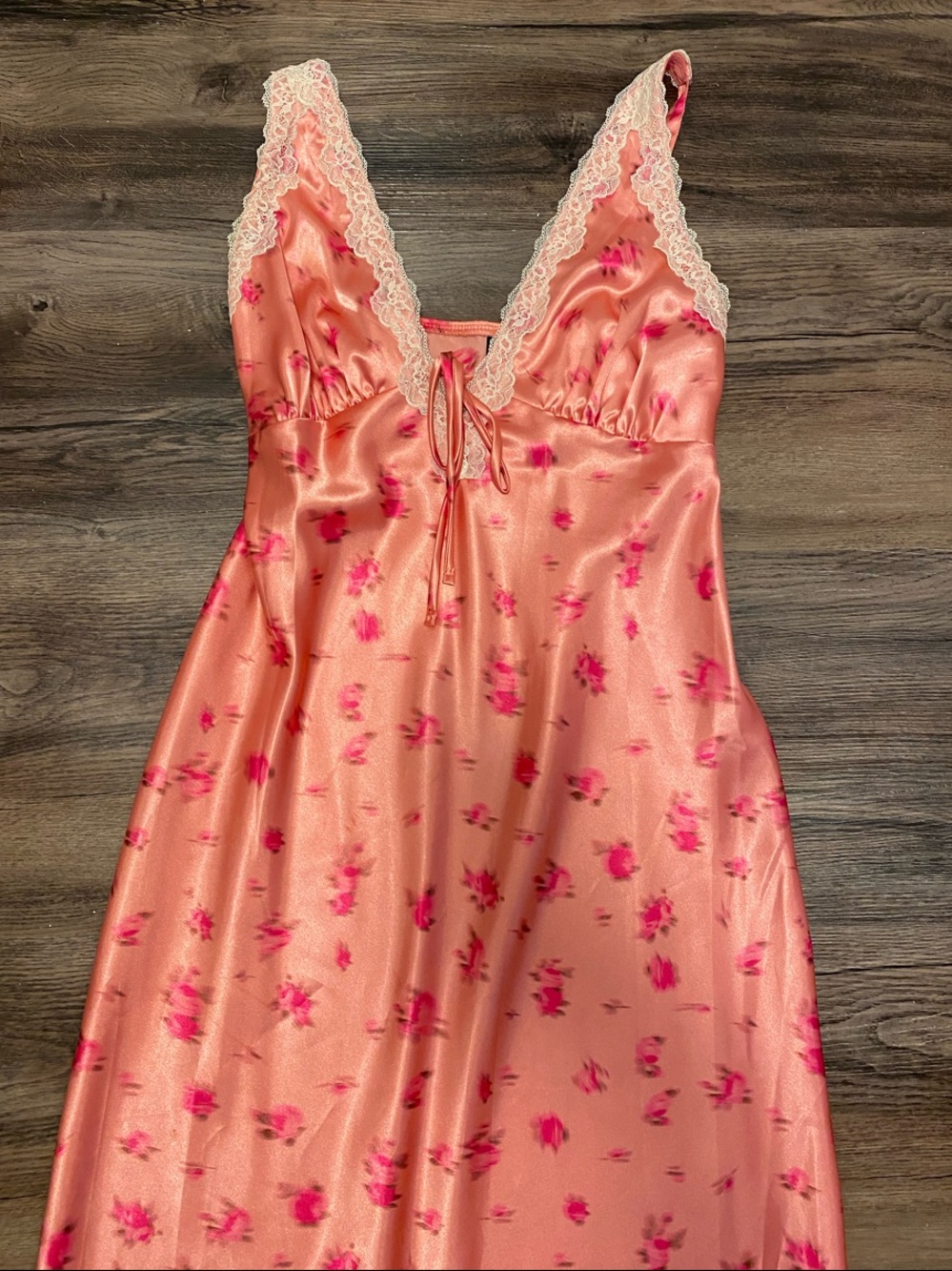 Silky Pink Floral Lace-Trim Dress